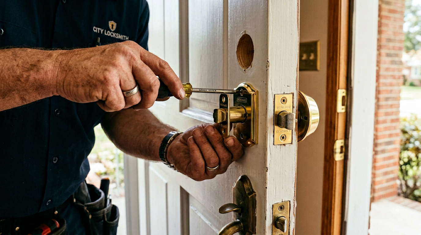 Professional deadbolt installation on a residential front door in Los Angeles