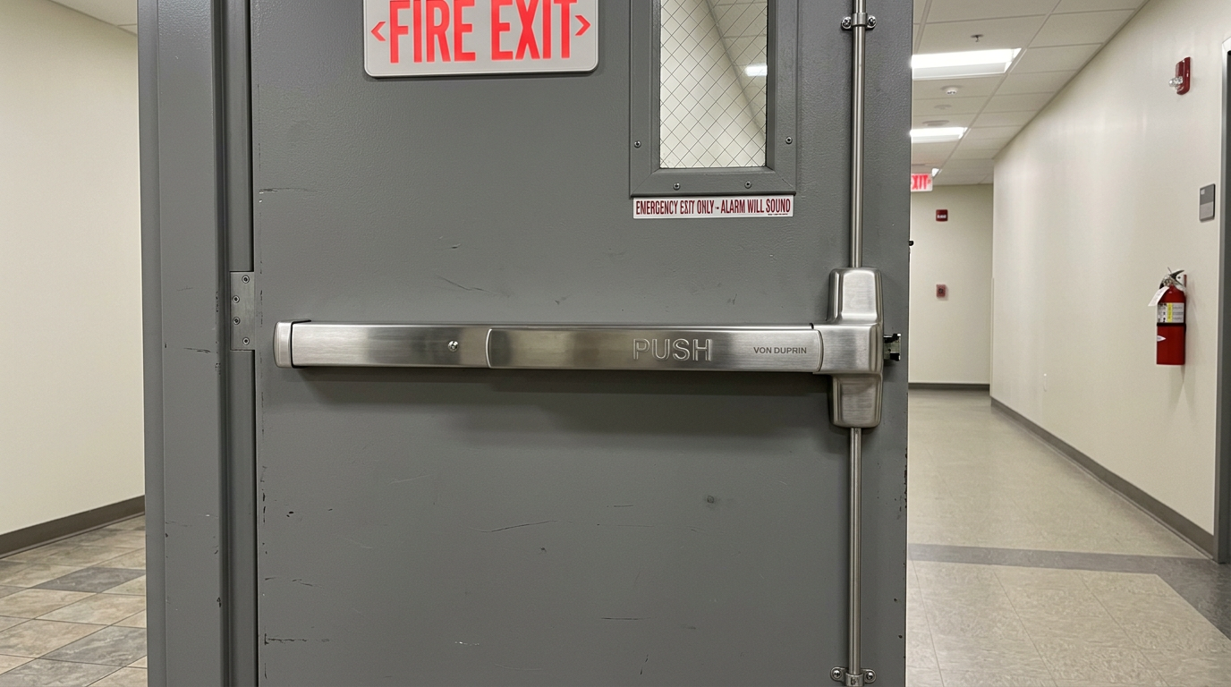 Panic bar installation on commercial fire exit door